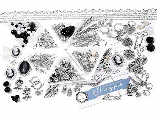 Vintageparts DIY Anfängerset Silberschmuck basteln und Perlenset schwarz weiß über 500 Teile für mehr als 40 Schmuckteile wie Ohrringe und Ketten
