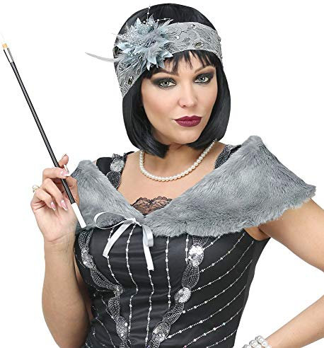 20er Jahre Charleston Set Pelzstola und Stirnband Flapper Fell-Stola Haarband Kostüm-Zubehör Twenties 20's, Farbe:Grau