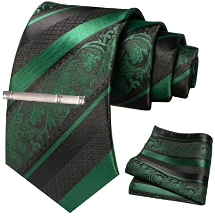 JEMYGINS Herren Krawatten Set mit gemischtem Rosen und Streifenmuster inklusive Krawattenklammer und Taschentuch