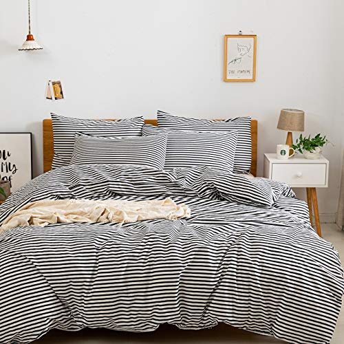 JELLYMONI 100% Natural Cotton 3pcs Striped Duvet Cover Sets,White Duvet Cover with Grey Stripes Pattern Printed Comforter Cover,with Zipper Closure & Corner Ties(Queen Size)