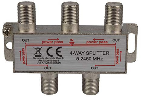 4-Fach SAT & BK-Verteiler Splitter F-Serie - 5-2400 MHz 85 dB - voll geschirmt - BK - UKW Radio - DC-Durchlass - Fernseh-Verteiler - Stamm-Verteiler