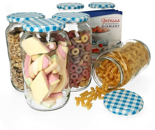MamboCat Lot de 6 bocaux de conservation en verre de 1062 ml I Couvercle bleu et blanc à carreaux I Twist-Off to 82 I Bocaux de conservation en verre I + livret de recettes gratuit I Récipient en