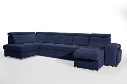 Robin Milan Ecksofa mit Schlaffunktion 2X Bettkasten 7X Kopfstützen 2X Hocker Sofa L-Form Schlafsofa Freistehende Eckcouch Schlafcouch Wohnzimmermöbel Wohnlandschaft Marineblau