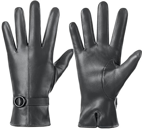 Damen Winter Lederhandschuhe Touchscreen Texting Warm Fahren Lammfell Handschuhe (Grau, L)