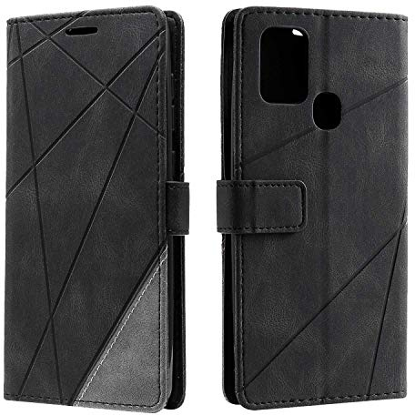 SONWO Hülle für Samsung Galaxy A21S, Premium Leder PU Handyhülle Flip Case Wallet Silikon Bumper Schutzhülle Klapphülle für Galaxy A21S, Schwarz