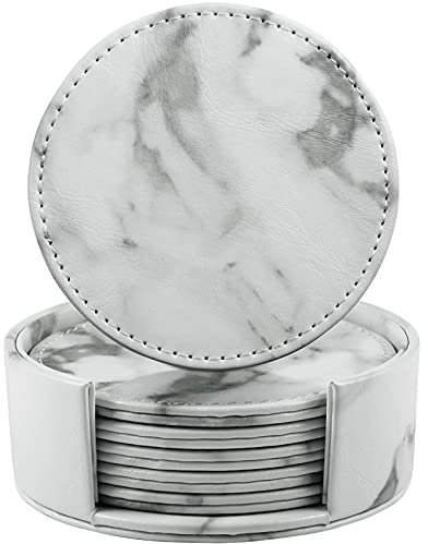 LAMOTI Untersetzer aus Leder für Getränke, 10,2 cm Getränkeuntersetzer 6 Stück mit Halter für Tischplattenschutz, handgefertigte luxuriöse Heimdekoration und Einweihungsgeschenk (weißer Marmor)