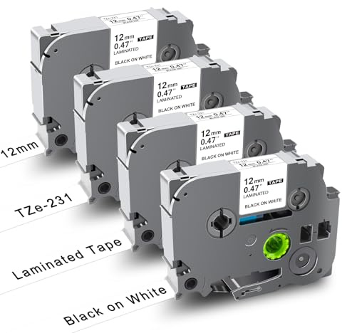 UNOKA 12mm 0.47 Laminated Tape White Compatible for Brother Ptouch Label Printer, TZe Tz Tape TZe-231 TZe 231, Black on White Cassettes for P Touch PT-H110 E110 H101C P300BT D210 H200