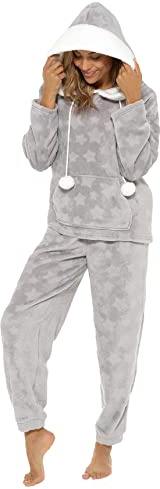 KATE MORGAN Womens Pyjamas Warm Fleece Pyjamas for Women Sets Pjs with Pockets S-XL | Soft Twosie Pyjama Set for Ladies Gifts for Her (X-Large, Grey Star)