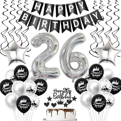 luftballon 26 geburtstag deko mann frauen Schwarz Silber geburtstagsdeko 26 jahre frau Männer Deko 26. Geburtstag mann Dekoration ballon 26. geburtstag frau Tortendeko 26 frauen
