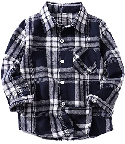 Coralup Boys Button Down Plaid Flannel Shirt Kids Casual Leisure Check Shirts Navy 2-3Years