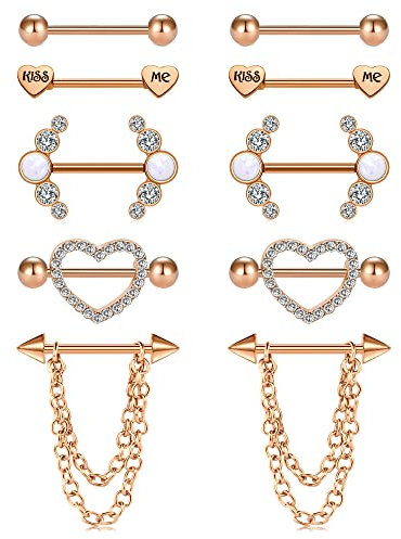 Mayhoop 14G Brustwarzenpiercing Nippelpiercing Nippel Bar Nippel Ring Nippel Piercing Chirurgenstahl Herz Diamant Kisse Me Nippel Piercing Schmuck für Damen Rosegold 5 Paar