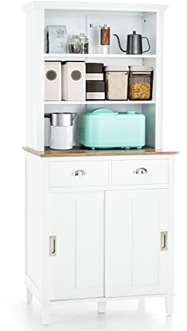 COSTWAY Kitchen Cupboard, Freestanding Storage Cabinet with Adjustable Shelves, 2 Sliding Doors, 2 Drawers & Anti-toppling Device, Pantry Sideboard Organizer Unit for Living Room Dining Room