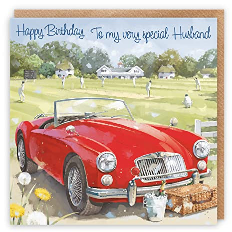 Hunts England Geburtstagskarte für den Ehemann, klassischer Sportwagen, Happy Birthday, To My Very Special Husband, künstlerisches Auto, Motiv: Milo's – Cricket-Match