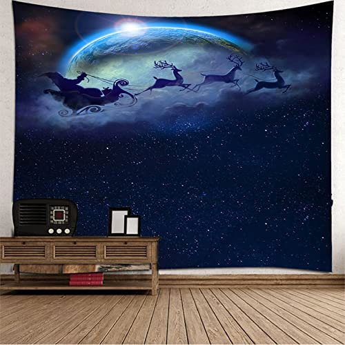AMDXD Wandteppiche 240x220CM, Santa Claus Elk Schlitten Sternenhimmel Muster Tapisserie Strandtücher in Polyester für Schlafzimmer, Dunkel Blau