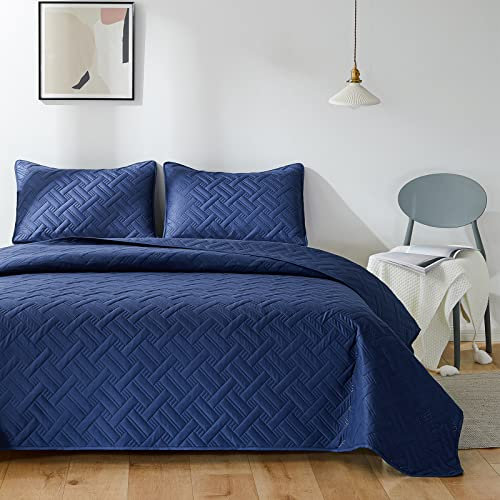 beeweed Tagesdecke Bettüberwurf 220x200cm Navy Blau, Bedspreads aus Mikrofaser, Quilt Überwurf Bett Überwurfdecke leicht, Steppdecke bei Ultraschall genäht mit 2 Kissenbezug, Korb Muster