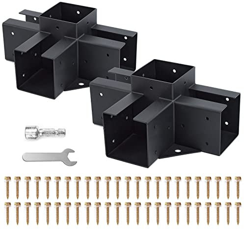 Hi-Na Support de pergola à angle droit - Kit de fixation d'angle en acier inoxydable avec vis pour 4x4 poutres en bois pour pergolas de terrasse, abris de jardin, finition noire (4 voies)