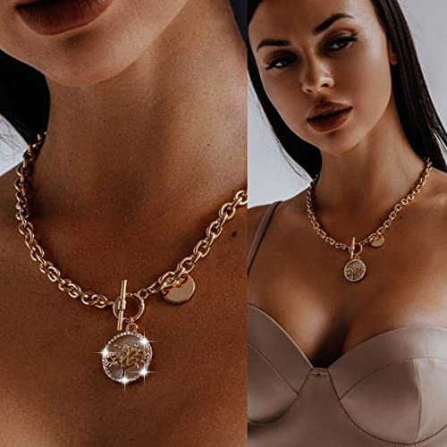 Atentuyi Punk Cuban Chunky Chain Necklace Gold Choker Necklace Pendant Coin Necklace Toggle Clasp Chain Life Tree Necklace Thick Chain Collar Necklace Jewelry for Women and Girls