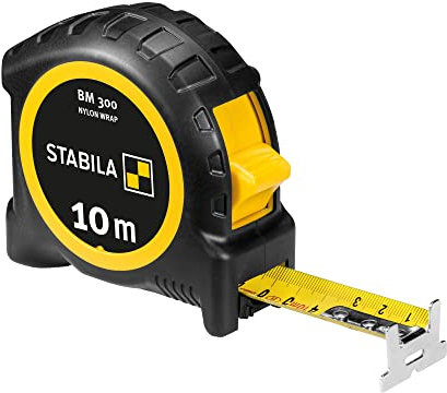 STABILA Taschenbandmaß BM 300, 10 m, Maßband mit doppelseitige 1000er-Skala, bruchsicheres PC/ABS-Gehäuse, SPIKES-Haken, Gürtel-Clip, MID-Genauigkeit