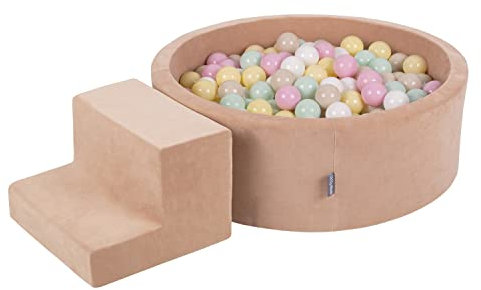 KiddyMoon Spielplatz Velvet Aus Schaumstoff Mit Rund Bällebad (200 Bälle) + Stüfchen Ballgruben Für Babys Spielbad, Hergestellt In EU, Wüstenrosa: Pastellbeige/Pastellgelb/Weiß/Minze/Puderrosa