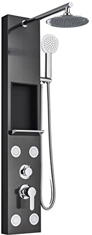 Yalsfowe Shower Panel Black, Shower System with Storage Rack, Rainfall Shower Faucet Set SPA Massage Jet Bath Shower Column Double Handle Mixer Tap Tower