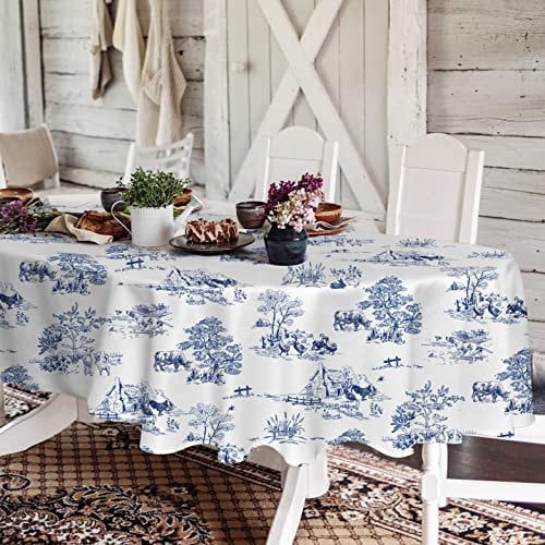 Rustic Oval Tablecloth 60x84 Inch,Blue and White Country Tablecloth Classic French Village Print Polyester Waterproof Table cloth for Farmhouse Kitchen Decor/Indoor and Outdoor Tables/Parties/Picnics