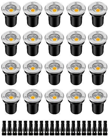 ZUCKEO Low Voltage Landscape Lights Well Lights Landscape LED in Ground Light IP67 Waterproof Outdoor Landscape Lighting Wired Floor Pathway Deck Step Garden with Connectors (20Pack Warm White)