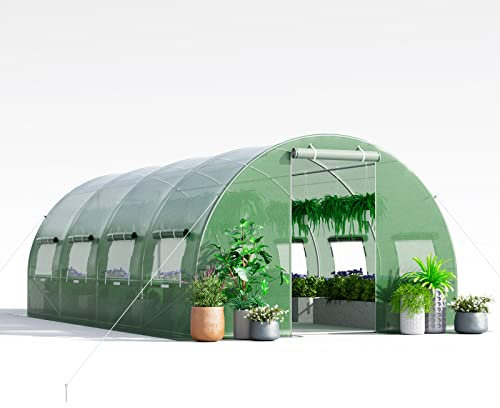 COSTWAY Invernadero Túnel Exterior, 600 x 300 x 200 cm con 10 Ventanas Enrollables, 2 Puertas con Cremallera, Estructura de Acero Galvanizado, Carpa de Jardín Resistente al Viento