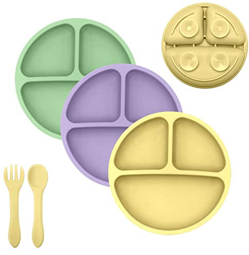 TudoBem Assiette Ventouse pour bébé Antidérapante [5 Pcs] sans BPA | Assiette compartiment bebe [x3] Fourchette et Cuillere Bebe Apprentissage [x1] | Silicone 100% Alimentaire, Coffret Naissance Idéal