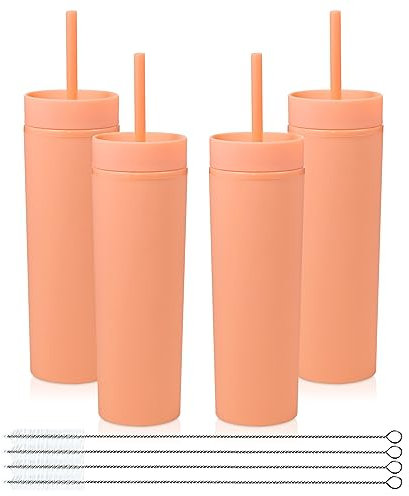Volhoply 480ml Kunststoff Skinny Becher Mit Deckel und Strohhalm Bulk 4 Pack, Isoliert Doppelwand Bpa Frei Matte Acryl Becher, Eiskaffee Reisebecher Party Cup,Diy Geschenke(orange,4 Set)