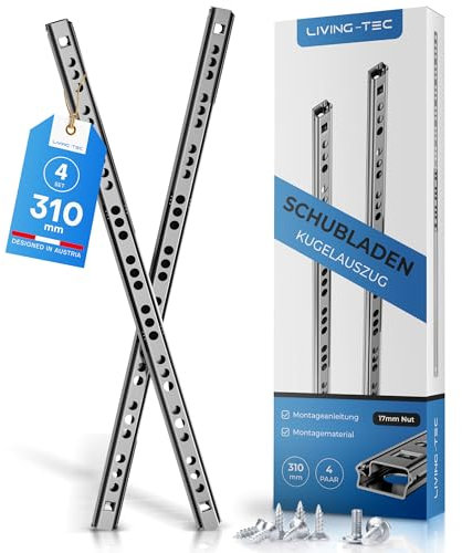 LIVING TEC® Schubladenschienen 310mm x 17mm Nut - 4Paar Gleitschiene inkl. Montageschrauben - Schubladenauszug - Schubladenauszüge - Auszugsschienen - Schienen für Schubladen Schienensystem - Auszüge