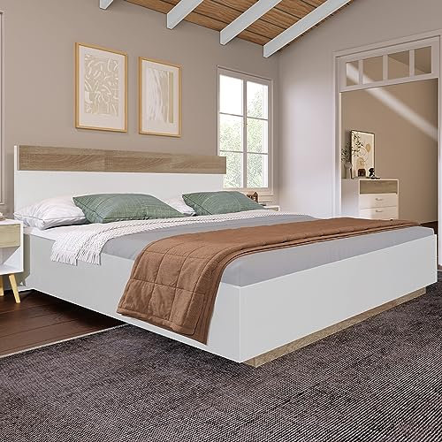 Merax Holzbett Doppelbett, Bettrahmen aus Holz mit Kopfteil und Lattenrost, 160 x 200 cm, Modern Schwebebett, Futonbett, Bett für Erwachsene & Jugend, Schlafzimmermöbel, Weiß & Eiche Sonoma