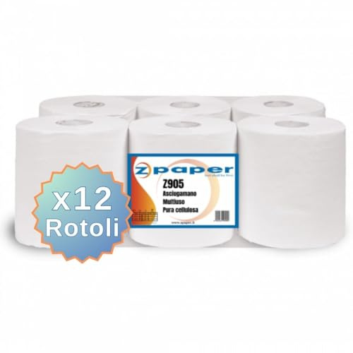 ZPAPER - 12 Rotoli Asciugamani - Pura Cellulosa, 2 Veli, Anima a Spirale, Confezionati. Rotoloni Asciugatutto Asciugamano Multiuso