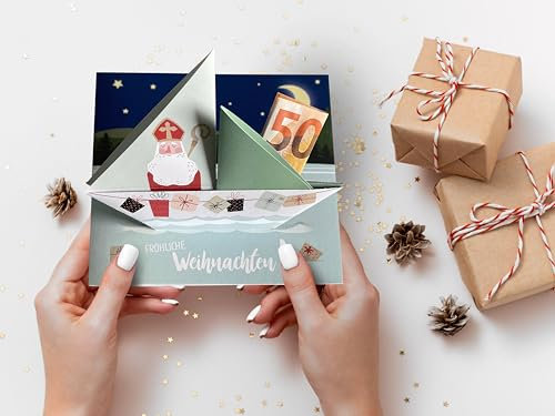 Lustige Weihnachtskarte/Geldgeschenk: Santa im Boot, handgefaltet