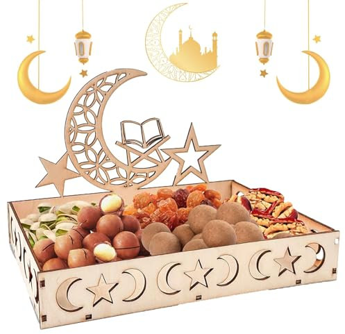 Gxlaihly Plateau en Bois Eid Mubarak, Ramadan Plateau Repas, Eid Mubarak Decoration, Plateau Ramadan,Ramadan Vaisselle Étoile de Lune,Décoration de Table pour la Fête du Ramadan (A)