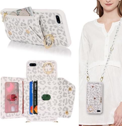 Lipvina Coque pour iPhone 7 Plus avec Cordon Porte Carte Coque iPhone 8 Plus zippé Portefeuille Femme Telephone Portable Réglable Collier Housse Étui avec Anneau pour Femmes - Léopard Blanc