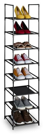 Relaxdays Schuhregal, 8 Ebenen, HBT: 140x33x33 cm, Metall Schuhablage, Stoff Ablage, schmales Schuhgestell, schwarz/grau