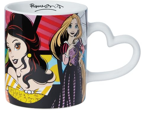 Enesco Disney BRITTO - Taza de café con mango en forma de corazón de Jasmine Bella y Rapunzel, 14 onzas, multicolor