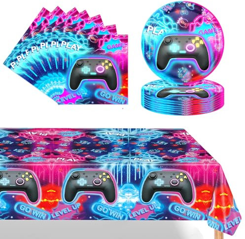 POPOYU 37 Pièces Vaisselle de Jeu en Papier -16x Assiettes en Papier,20 x Serviettes,Nappe,Ensemble de Vaisselle pour Fournitures de Décoration Enfants Anniversaire Mariage (16 invités)