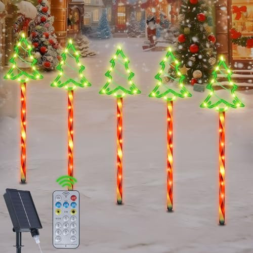 Qoosea Albero di Natale Luci Solare da Giardino, 5 in 1 8 Modalità Lampade Solari Alberi di Natale con Telecomando, Carica USB IP65 Impermeabile Luci Natalizie Decorative per Feste Giardino Esterno