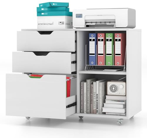 COSTWAY Rollcontainer mit 3 Schubladen, Aktenschrank mit Rollen und offenen Fächern, Druckerständer, Büroschrank für Dokumente in DIN A4-, Letter-Format, Legal-Format (Weiß)