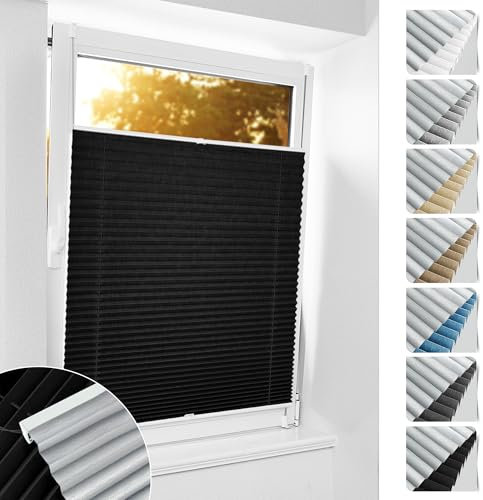 bobodeco Plissee ohne Bohren Verdunkelung Klemmfix, Schwarz 40x130 cm(BxH) Thermo Plissees 100% Verdunkelnd & lichtundurchlässig Plisseerollo, Sichtschutz und Sonnenschutz für Fenster & Tür