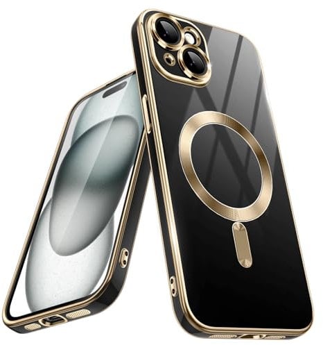 JETech Electroplated Case for iPhone 15 6.1-Inch, Compatible with MagSafe, Camera Lens Full Protection, Shockproof Soft TPU Phone Cover, Solid Color Back (Black)