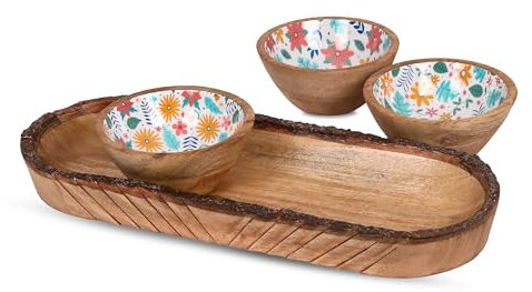 Carvi Craft Natural Handmade Wooden Extra Large Multicolour Serving Bowl Set of 3 with Large Tray for Parties - Perfect for Salad, Chips, Veggies (Tray - Set of 3 Bowl)