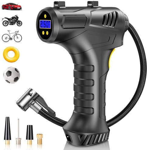 Hjh Cordless Tyre Inflator Handheld Air Compressor, 12V Portable 4000mAh Rechargeable Car Tyre Pump, 150PSI Electric Digital Car Air Pump with LED Light & 4 Nozzles for Car, Motorcycle, Bicycle