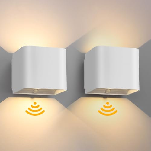 Birnetek® 2 Stück LED Wandlampe mit Bewegungssensor, Schwarz Wandleuchte für Innen, 3000K Warmweiß Wandleuchte Ohne Stromanschluss mit Akkus, USB Aufladbare Wandleuchten für Flur (Weiß)
