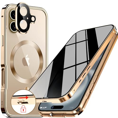 [CD-Metallring & Sicherheitsschloss] Magnetische 360 Grad Ganzkörper Sichtschutzhülle für iPhone 16 6.1' [Integrierter Linsenschutz] Schutzhülle mit Integriertem 9H-Glasbildschirm, – Gold