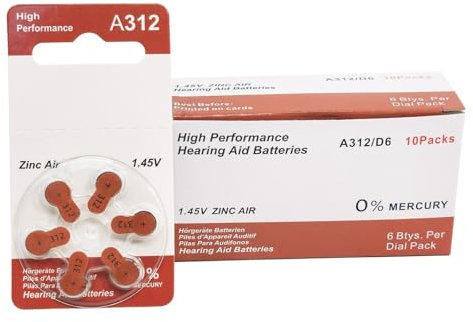 Unbranded Hearing Aid Batteries Premium Size 312 Zinc Air Mercury-Free 1.45V (60 Batteries)