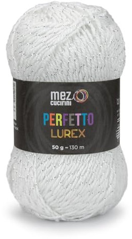 1 Gomitolo da 50 gr. lana Perfetto Lurex, marca Mez Cucirini, 97% acrilico morbido 3% poliestere lunghezza metri +_ 130 da lavorare con ferri o uncinetto 4/4,5 (02080 BIANCO-LUREX ARGENTO)