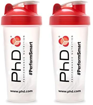 PhD Nutrition Mixball Shaker, Shaker for Protein Shakes, Wire Mixball Whisk, Red Non-Drip Screw Lid, Transparent Colour, 600 ml (Pack of 2)