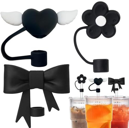 3 Pieces Straw Cover Cute Pink Bow Straw Covers Straw Topper Silicone Straw Tips Cover Covers Drinking Straw Dust-Proof Silicone Straw Toppers Cute Accessories for Outdoor Sports Office School (Black)